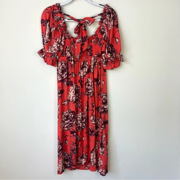 NWT by Anthropologie Puff Sleeve Smocked Midi Long Dress Coral Floral - Picture 6 of 10